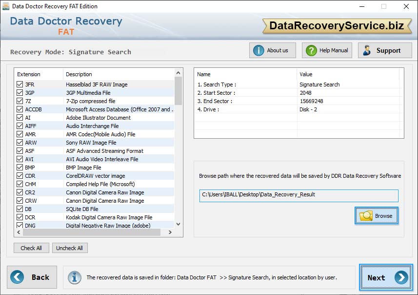 Browse path to save recovered files