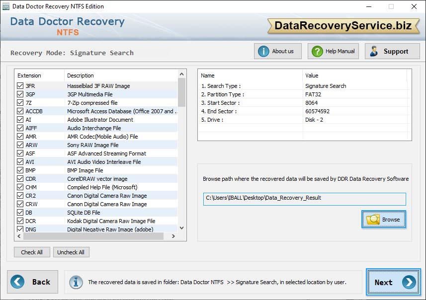 Browse path to save recovered data