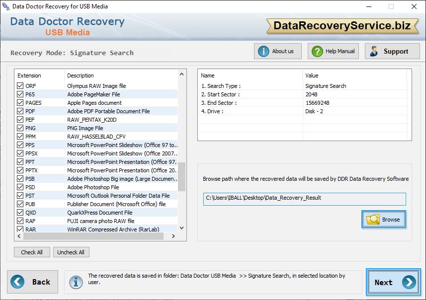 Browse path to save recovered data