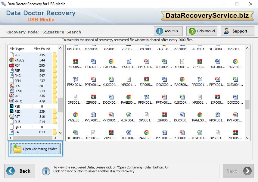 Open Containing Folder to view recovered files